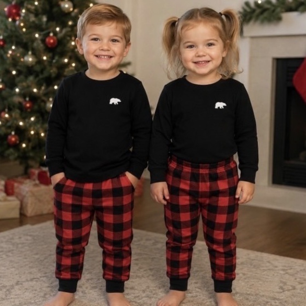 DF by Dearfoams Kids 2T Pajama Set Buffalo Plaid Black Red Polar Bear Holiday